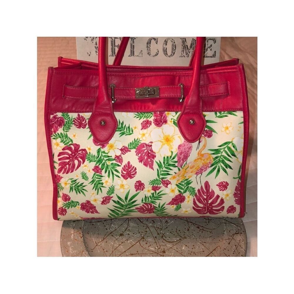 Apt. 9 Fuchsia Pink Canvas Leather Combo Tropical adoring Summer Tote Bag